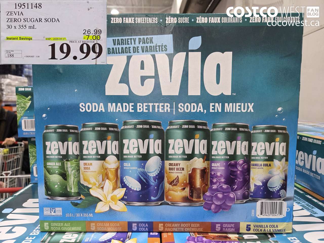 1951148 ZEVIA ZERO SUGAR SODA 30 X 355 ML ($7.00 INSTANT SAVINGS EXPIRES ON 2026-05-17) $19.99