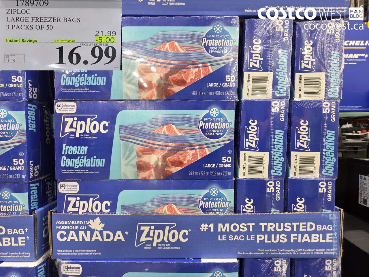 1789709 ZIPLOC LARGE FREEZER BAGS 3 PACKS OF 50 ($5.00 INSTANT SAVINGS EXPIRES ON 2026-06-07) $16.99