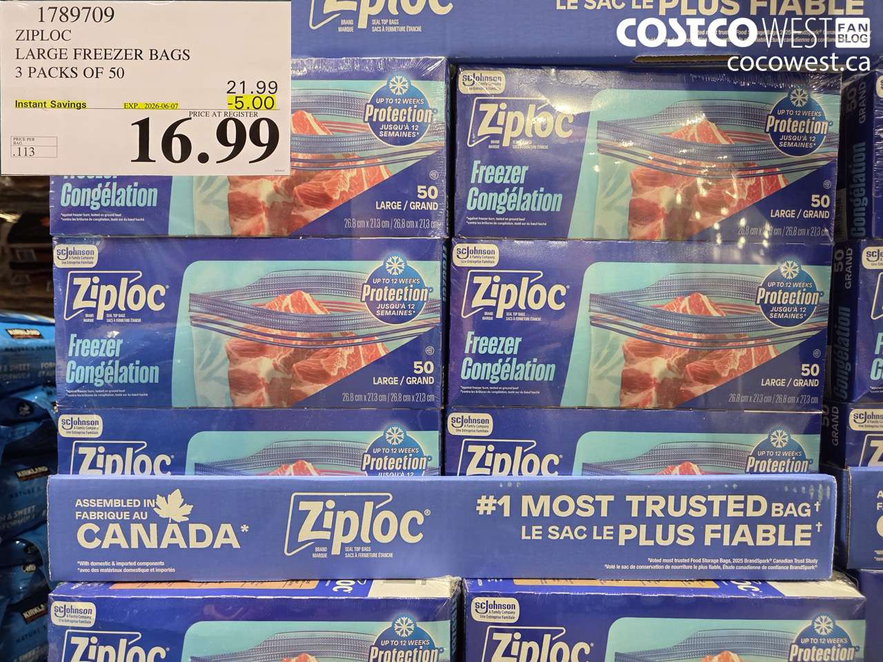1789709 ZIPLOC LARGE FREEZER BAGS 3 PACKS OF 50 ($5.00 INSTANT SAVINGS EXPIRES ON 2026-06-07) $16.99