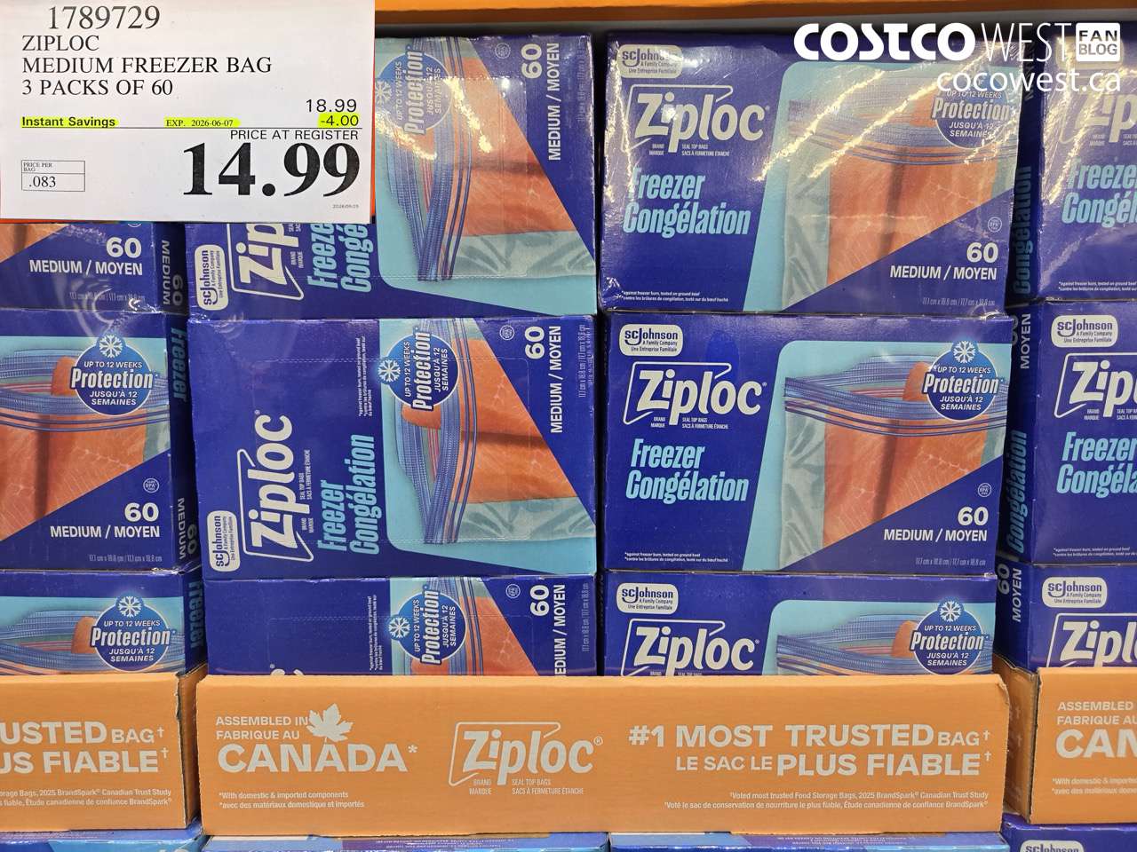 1789729 ZIPLOC MEDIUM FREEZER BAG 3 PACKS OF 60 ($4.00 INSTANT SAVINGS EXPIRES ON 2026-06-07) $14.99
