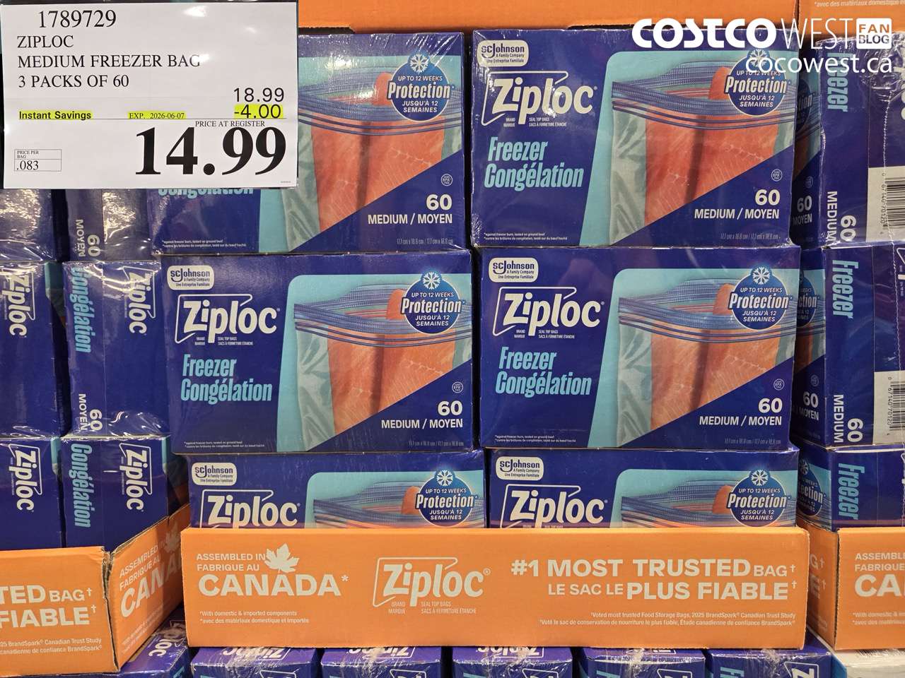 1789729 ZIPLOC MEDIUM FREEZER BAG 3 PACKS OF 60 ($4.00 INSTANT SAVINGS EXPIRES ON 2026-06-07) $14.99
