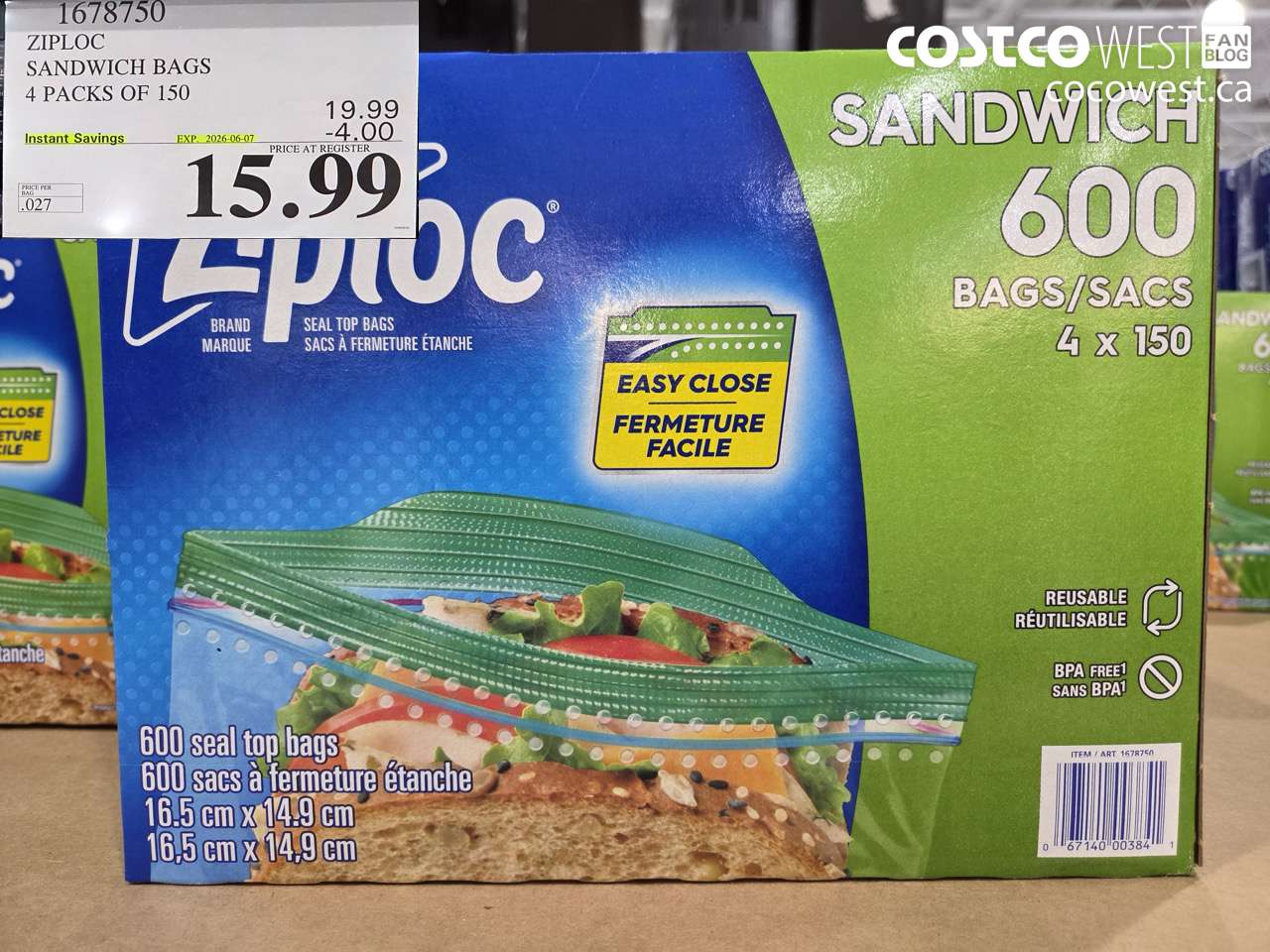 1678750 ZIPLOC SANDWICH BAGS 4 PACKS OF 150 ($4.00 INSTANT SAVINGS EXPIRES ON 2026-06-07) $15.99