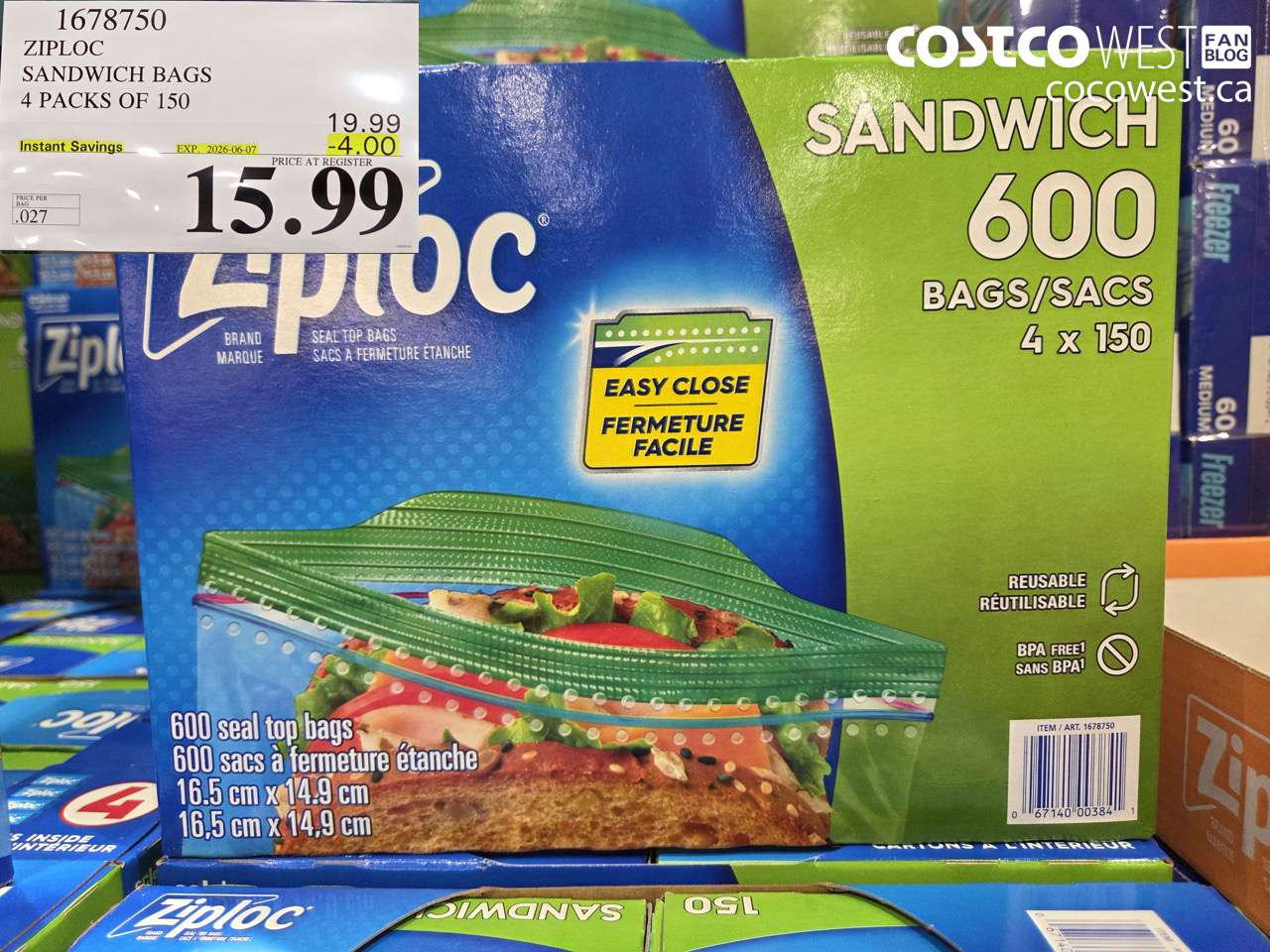 1678750 ZIPLOC SANDWICH BAGS 4 PACKS OF 150 ($4.00 INSTANT SAVINGS EXPIRES ON 2026-06-07) $15.99