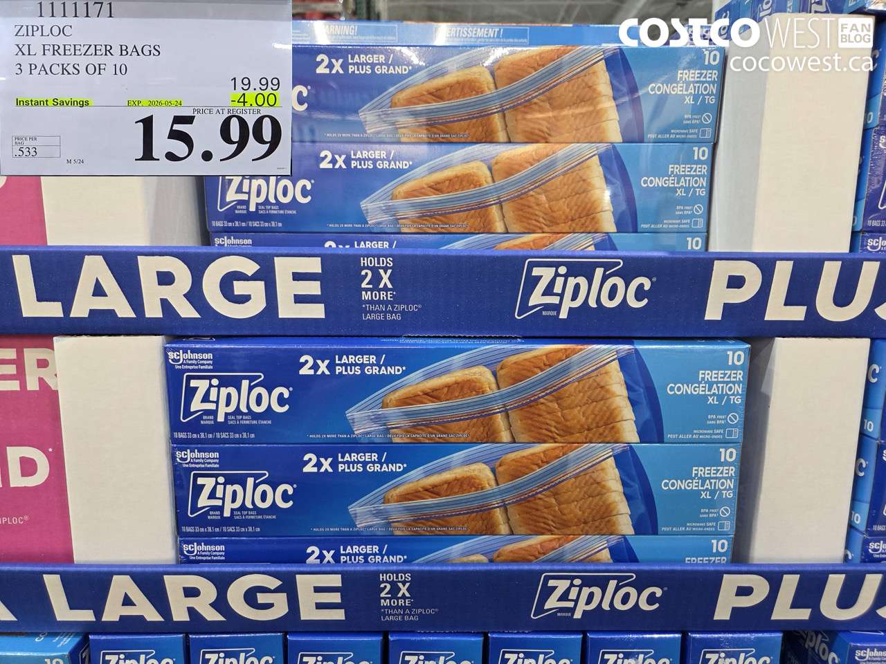 1111171 ZIPLOC XL FREEZER BAGS 3 PACKS OF 10 ($4.00 INSTANT SAVINGS EXPIRES ON 2026-05-24) $15.99