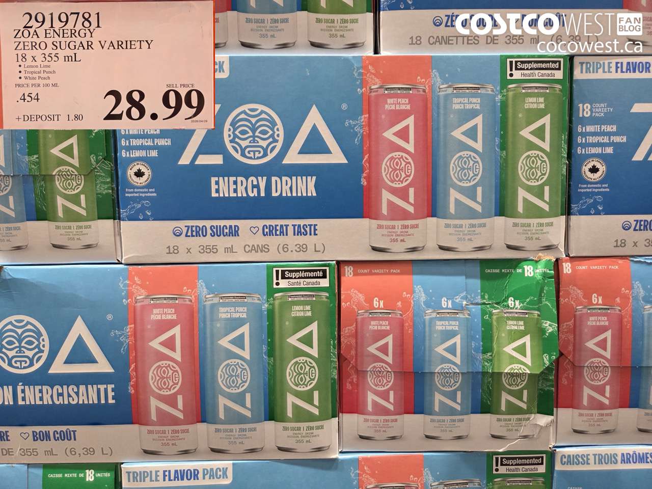 2919781 ZOA ENERGY ZERO SUGAR VARIETY 18 X 355 ML $28.99