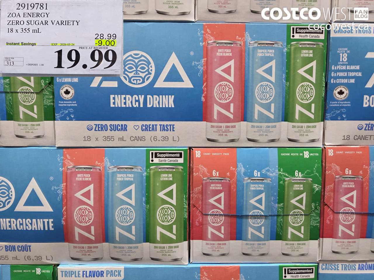 2919781 ZOA ENERGY ZERO SUGAR VARIETY 18 X 355 ML ($9.00 INSTANT SAVINGS EXPIRES ON 2026-05-24) $19.99
