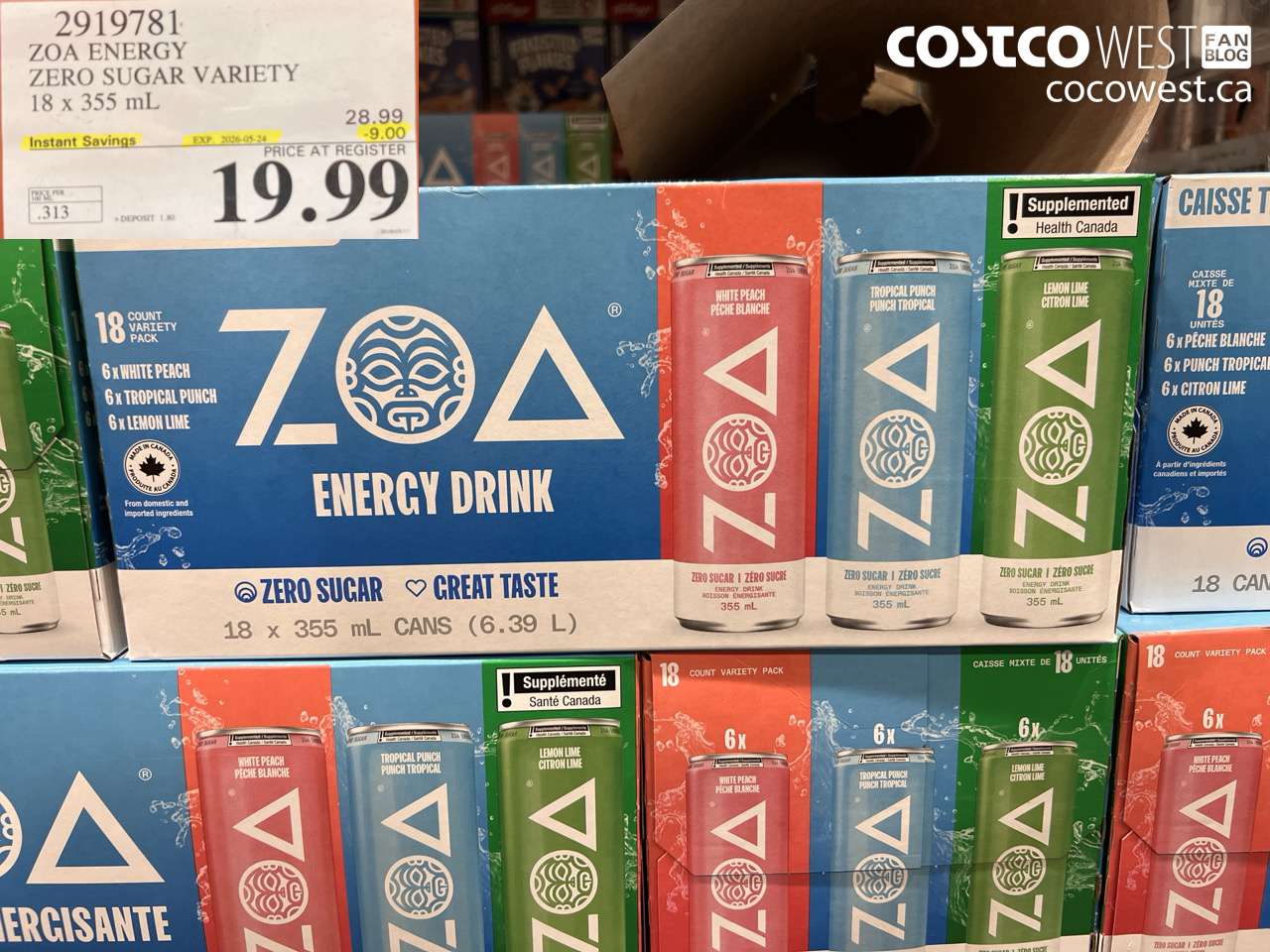 2919781 ZOA ENERGY ZERO SUGAR VARIETY 18 X 355 ML ($9.00 INSTANT SAVINGS EXPIRES ON 2026-05-24) $19.99