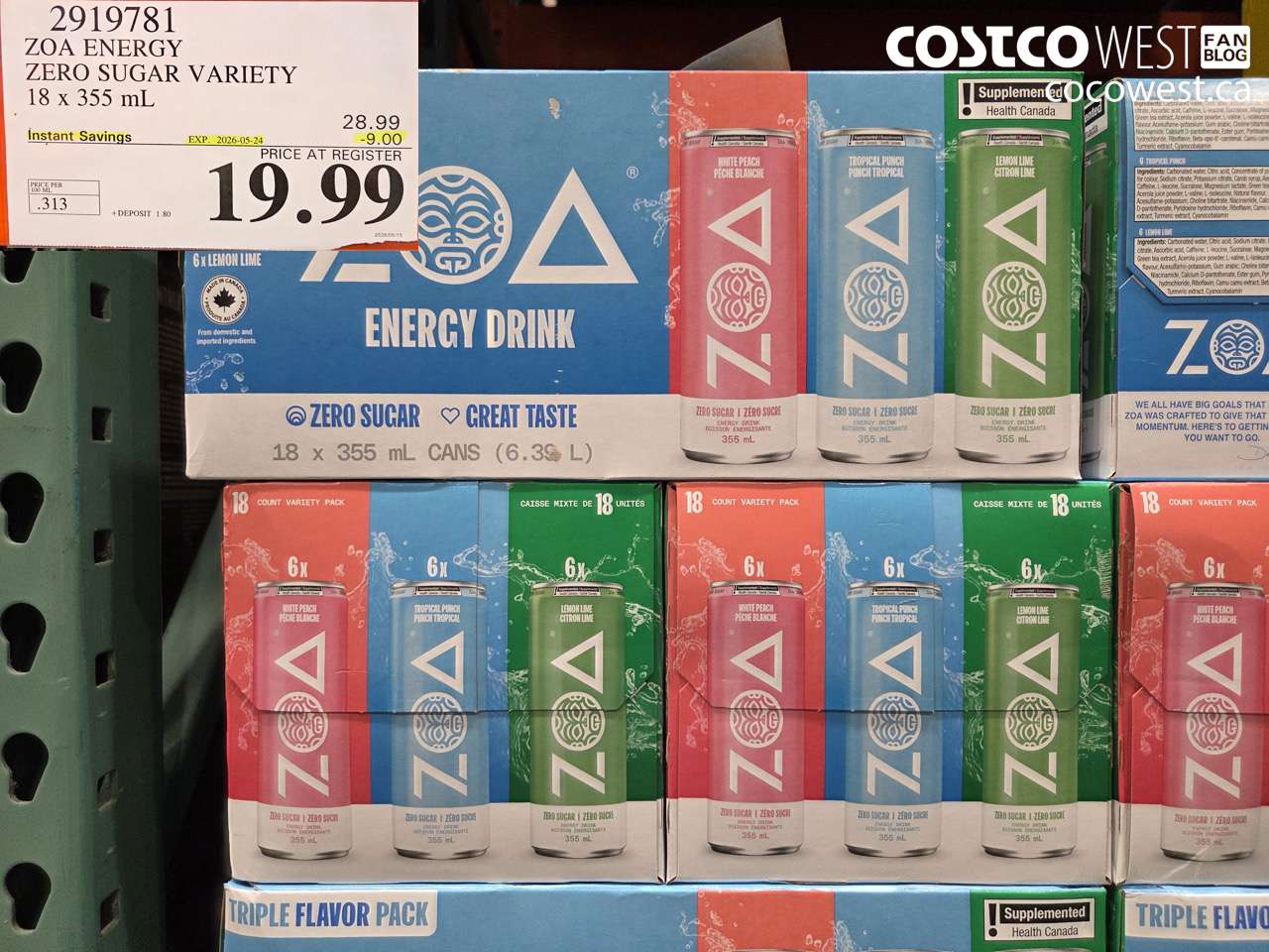 2919781 ZOA ENERGY ZERO SUGAR VARIETY 18 X 355 ML ($9.00 INSTANT SAVINGS EXPIRES ON 2026-05-24) $19.99