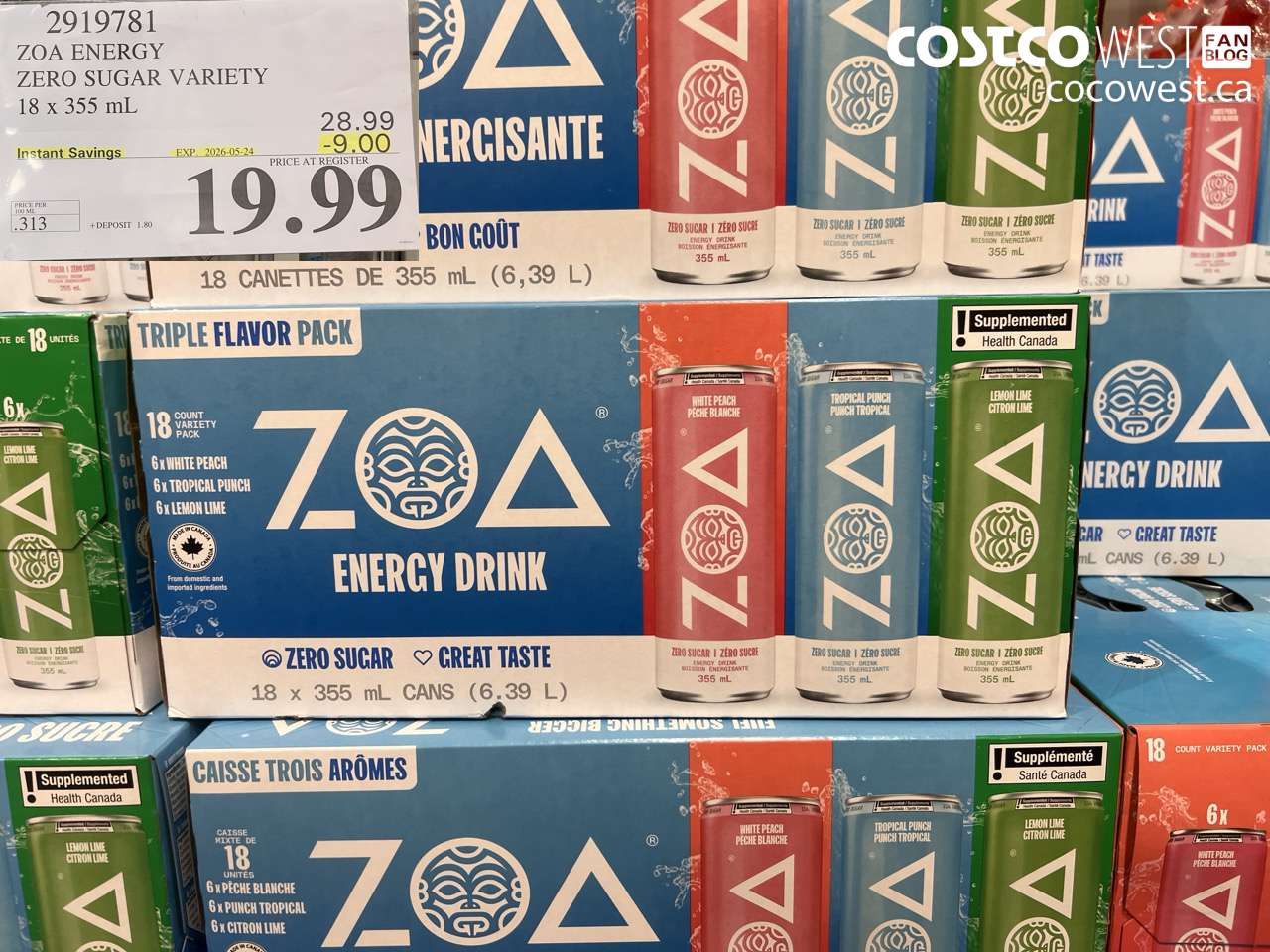 2919781 ZOA ENERGY ZERO SUGAR VARIETY 18 X 355 ML ($9.00 INSTANT SAVINGS EXPIRES ON 2026-05-24) $19.99