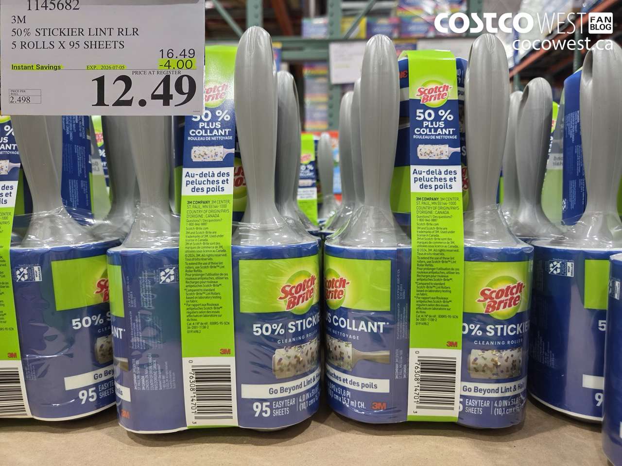 1145682 3M 50% STICKIER LINT RLR 5 ROLLS X 95 SHEETS ($4.00 INSTANT SAVINGS EXPIRES ON 2026-07-05) $12.49