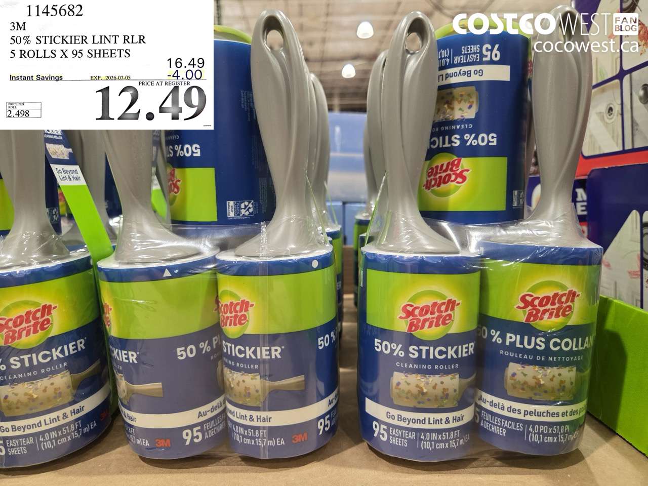 1145682 3M 50% STICKIER LINT RLR 5 ROLLS X 95 SHEETS ($4.00 INSTANT SAVINGS EXPIRES ON 2026-07-05) $12.49