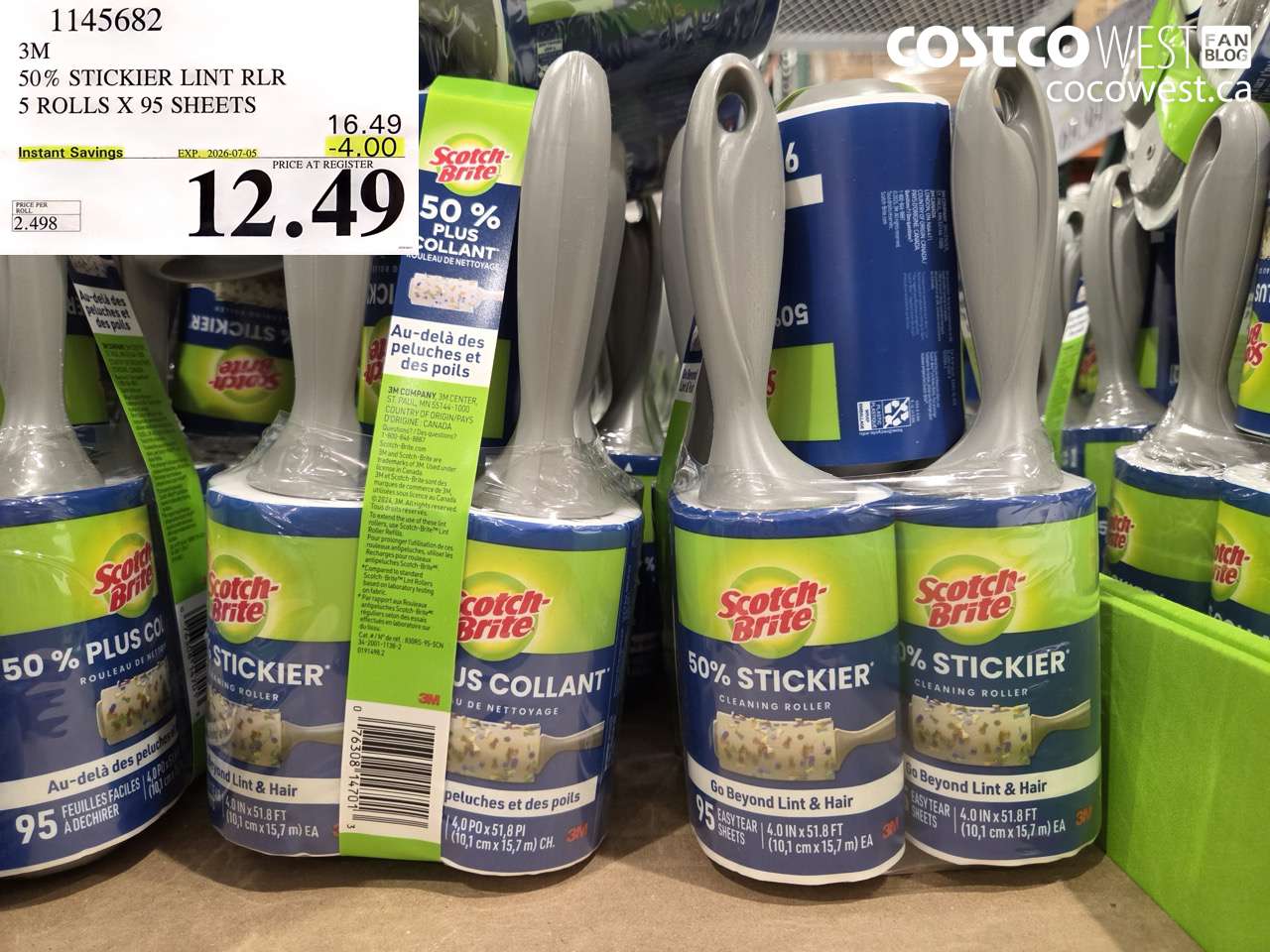 1145682 3M 50% STICKIER LINT RLR 5 ROLLS X 95 SHEETS ($4.00 INSTANT SAVINGS EXPIRES ON 2026-07-05) $12.49