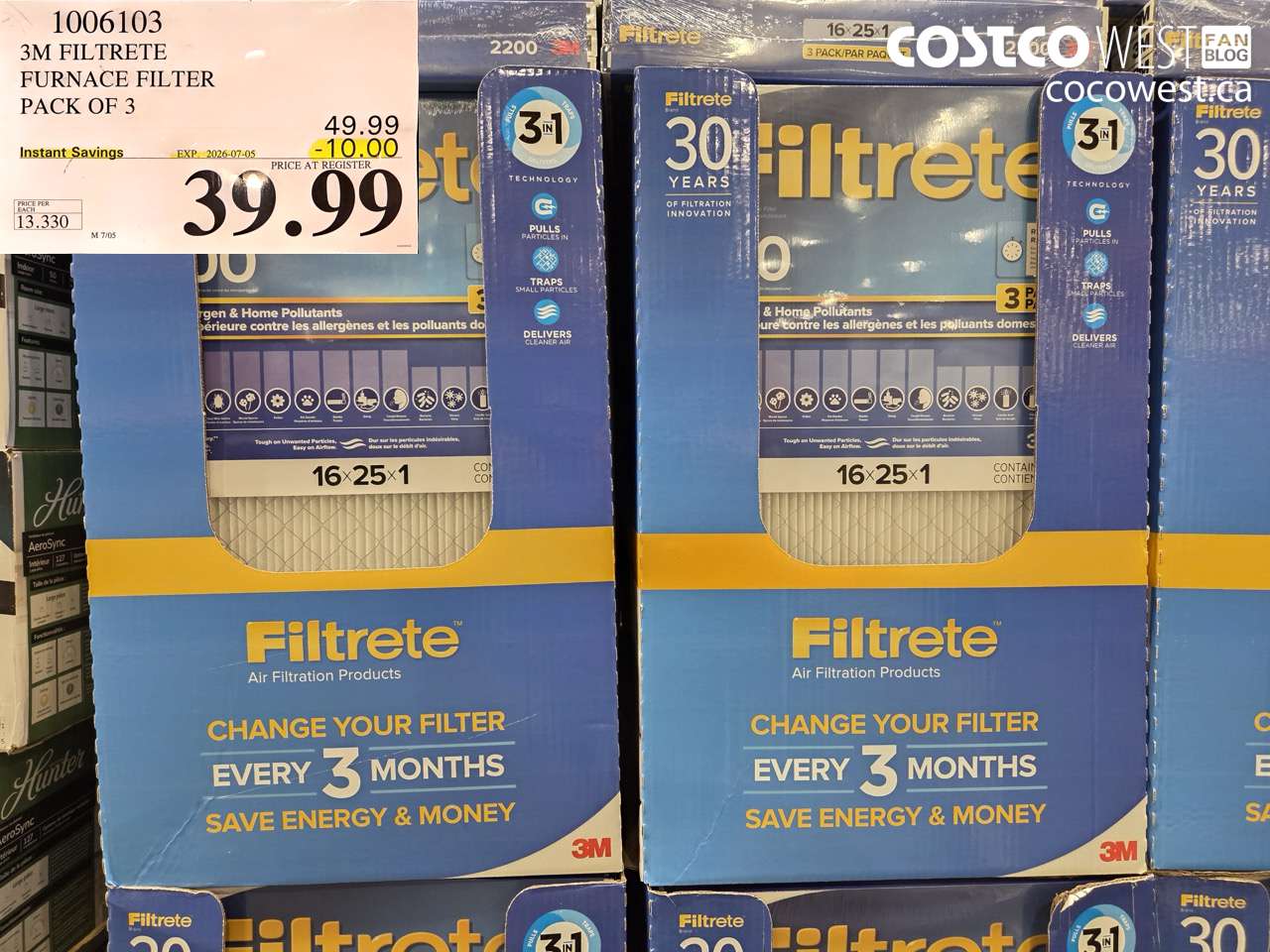1006103 3M FILTRETE FURNACE FILTER PACK OF 3 ($10.00 INSTANT SAVINGS EXPIRES ON 2026-07-05) $39.99