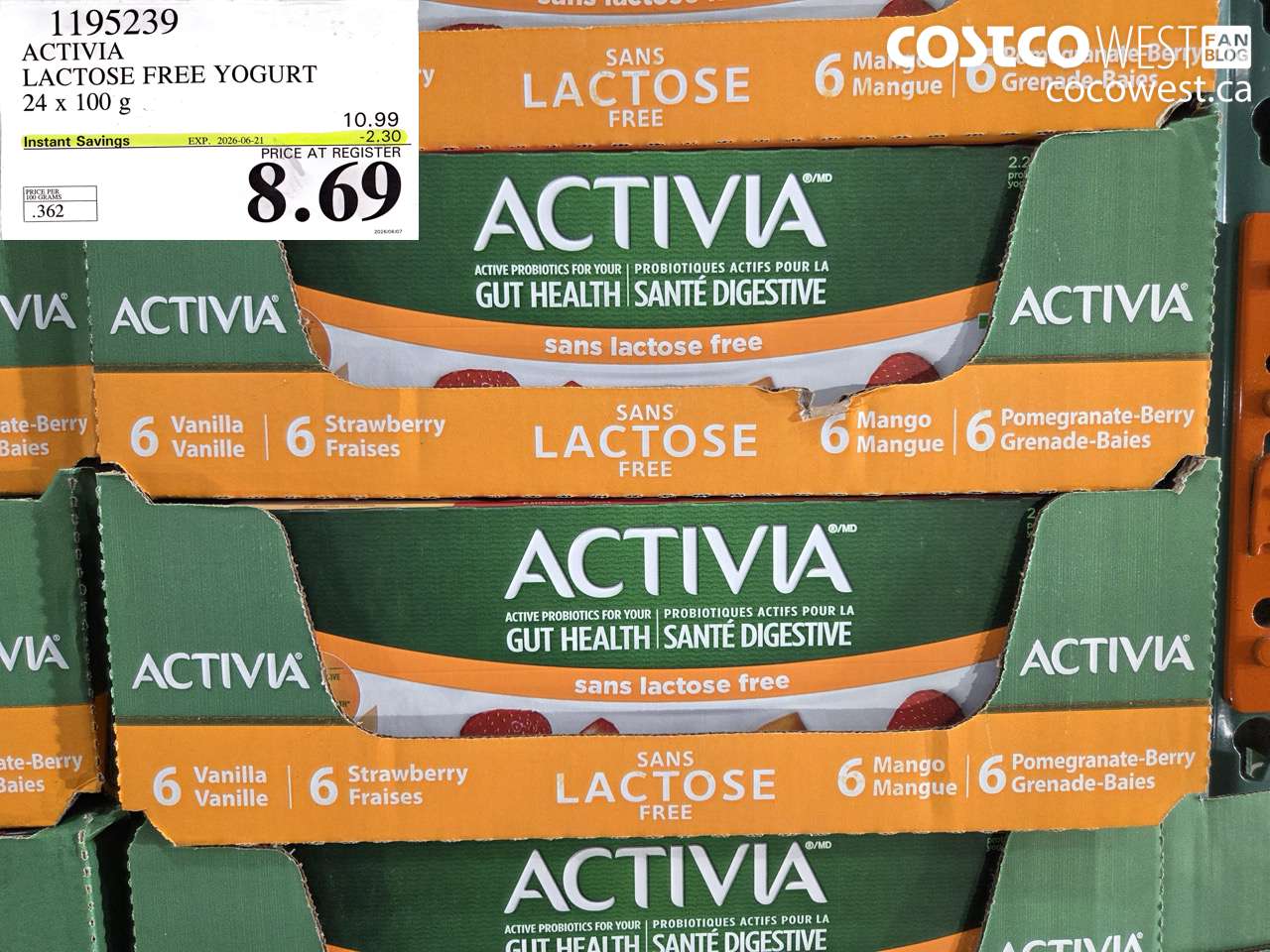 1195239 ACTIVIA LACTOSE FREE YOGURT 24 X 100 G ($2.30 INSTANT SAVINGS EXPIRES ON 2026-06-21) $8.69