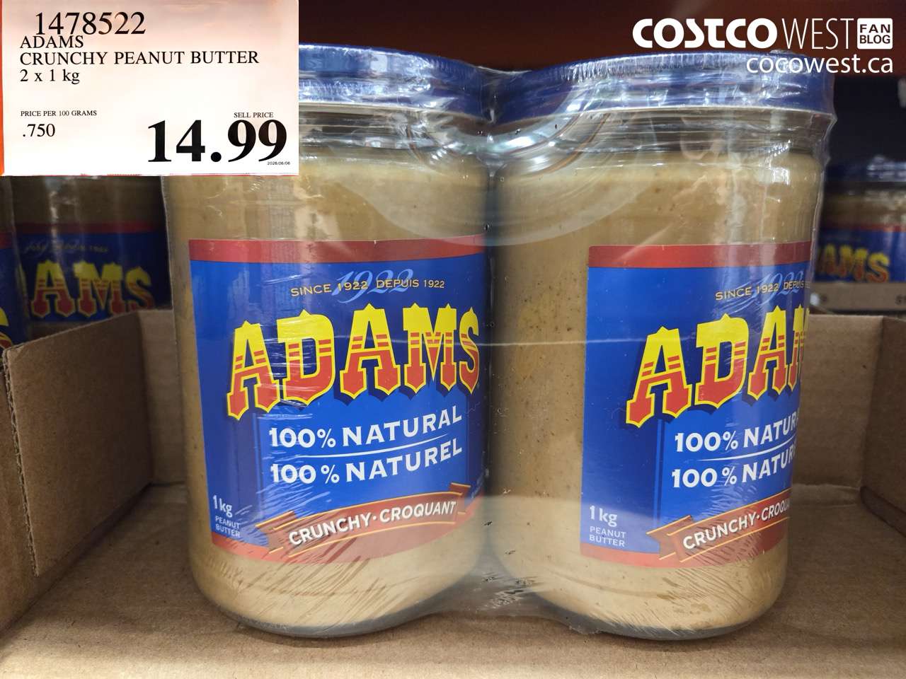 1478522 ADAMS CRUNCHY PEANUT BUTTER 2 X 1KG $14.99