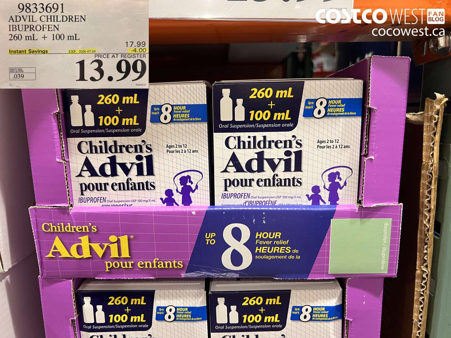 9833691 ADVIL CHILDREN IBUPROFEN 260 ML + 100 ML ($4.00 INSTANT SAVINGS EXPIRES ON 2026-07-05) $13.99