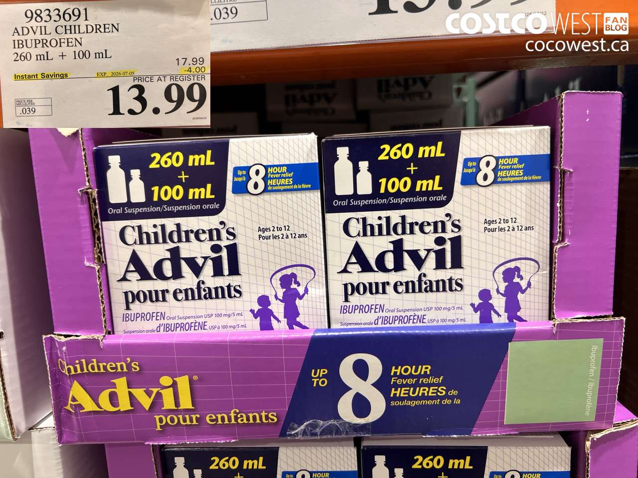 9833691 ADVIL CHILDREN IBUPROFEN 260 ML + 100 ML ($4.00 INSTANT SAVINGS EXPIRES ON 2026-07-05) $13.99