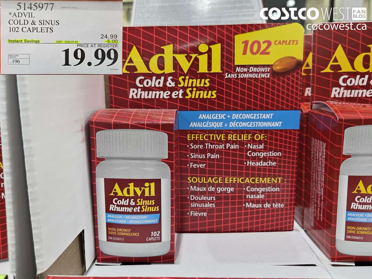 5145977 ADVIL COLD & SINUS 102 CAPLETS ($5.00 INSTANT SAVINGS EXPIRES ON 2026-07-05) $19.99