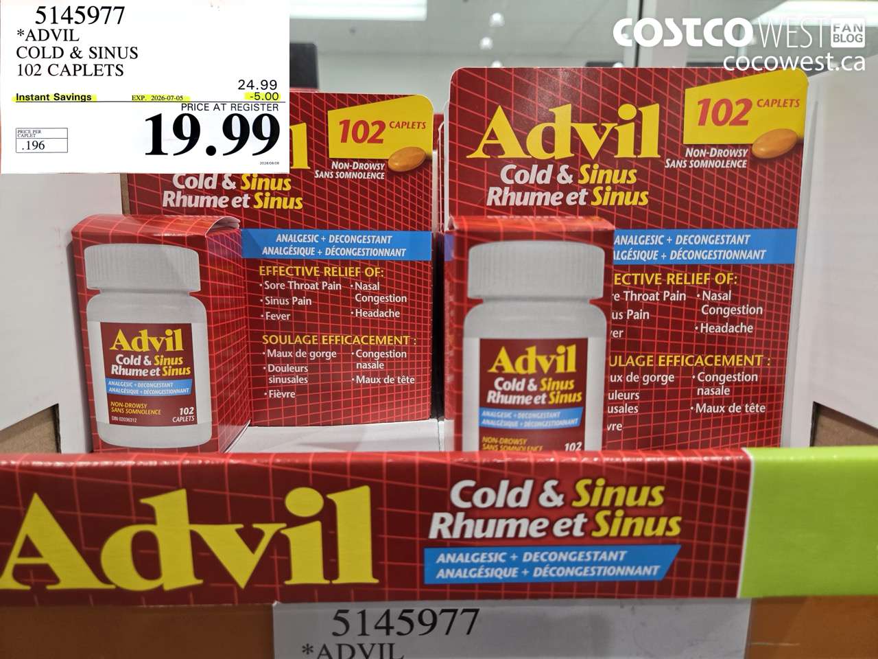 5145977 ADVIL COLD & SINUS 102 CAPLETS ($5.00 INSTANT SAVINGS EXPIRES ON 2026-07-05) $19.99