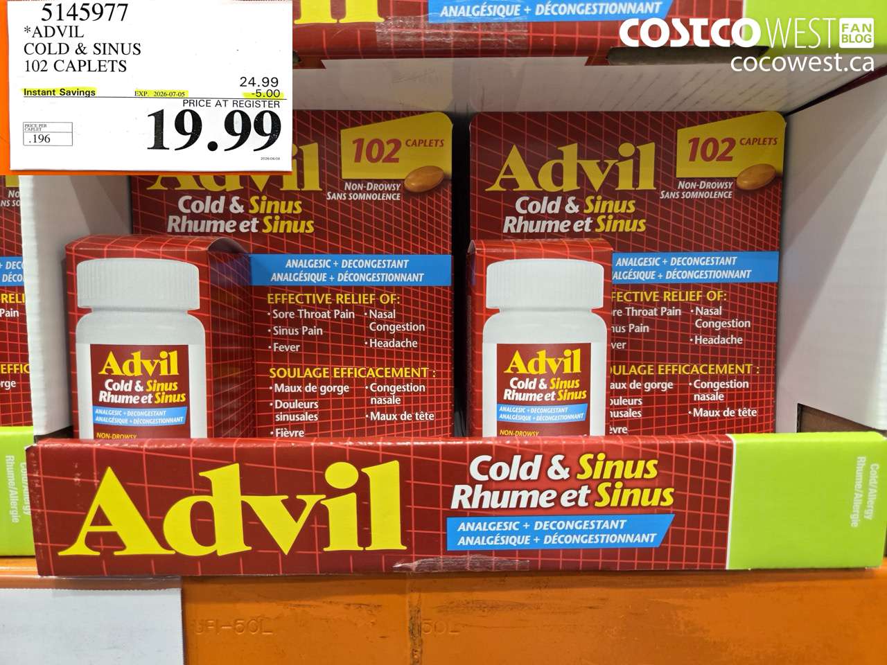 5145977 ADVIL COLD & SINUS 102 CAPLETS ($5.00 INSTANT SAVINGS EXPIRES ON 2026-07-05) $19.99
