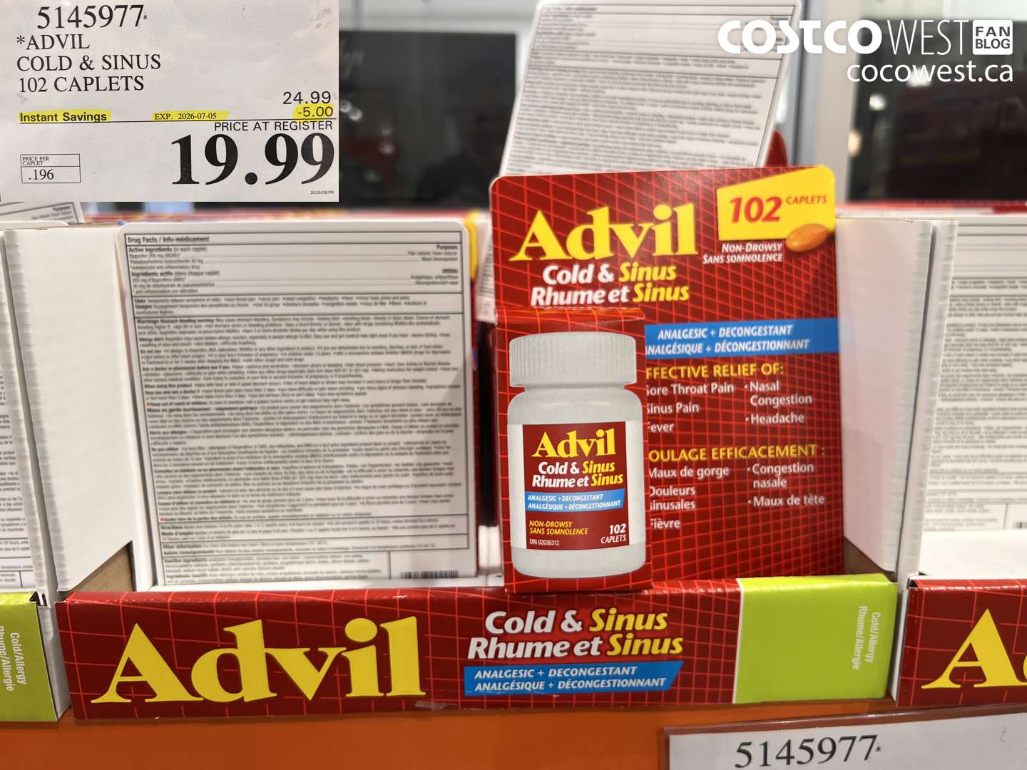 5145977 ADVIL COLD & SINUS 102 CAPLETS ($5.00 INSTANT SAVINGS EXPIRES ON 2026-07-05) $19.99