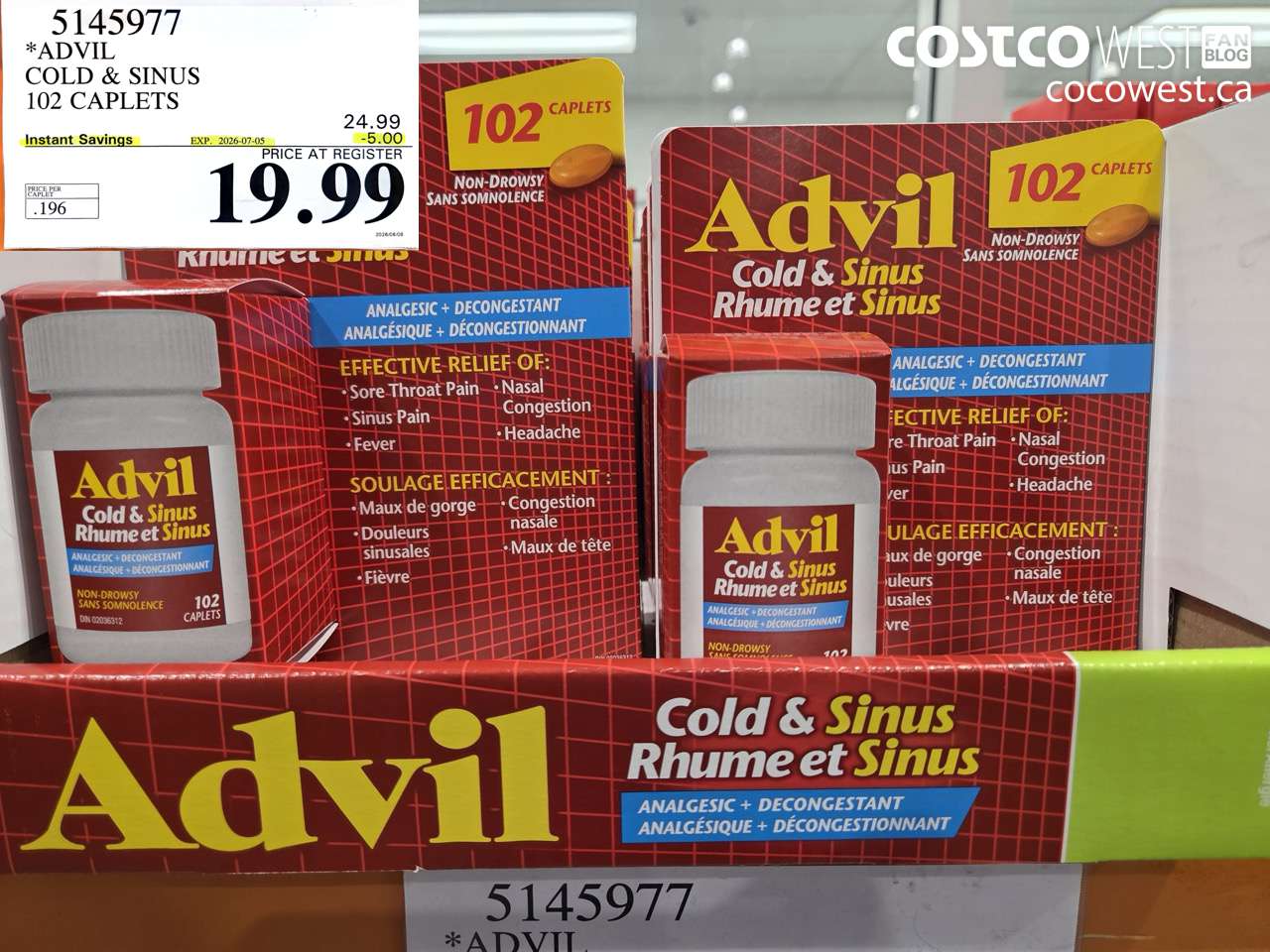 5145977 ADVIL COLD & SINUS 102 CAPLETS ($5.00 INSTANT SAVINGS EXPIRES ON 2026-07-05) $19.99