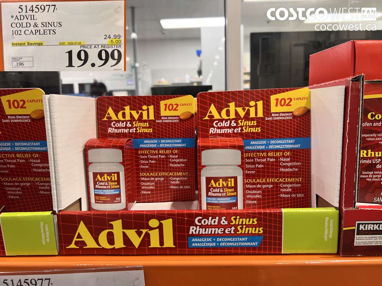5145977 ADVIL COLD & SINUS 102 CAPLETS ($5.00 INSTANT SAVINGS EXPIRES ON 2026-07-05) $19.99