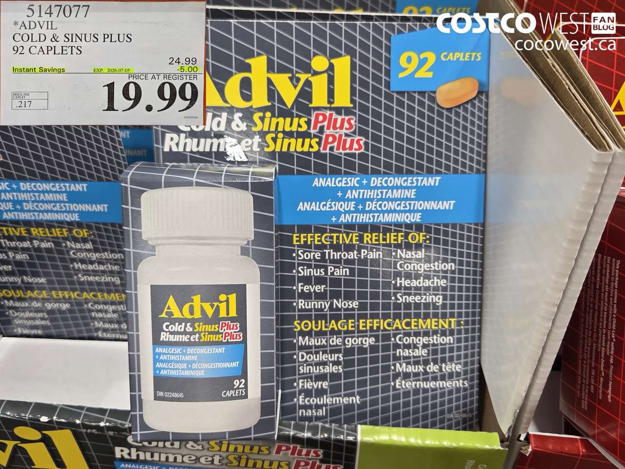 5147077 ADVIL COLD & SINUS PLUS 92 CAPLETS ($5.00 INSTANT SAVINGS EXPIRES ON 2026-07-05) $19.99