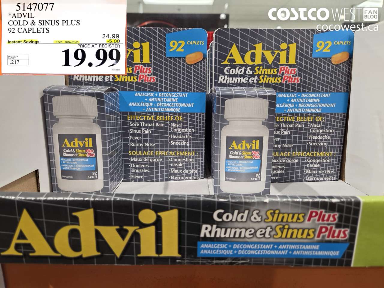 5147077 ADVIL COLD & SINUS PLUS 92 CAPLETS ($5.00 INSTANT SAVINGS EXPIRES ON 2026-07-05) $19.99