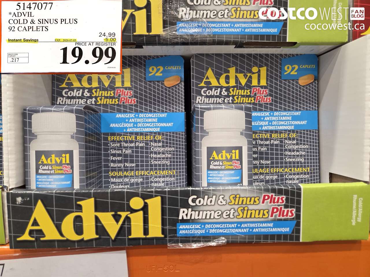 5147077 ADVIL COLD & SINUS PLUS 92 CAPLETS ($5.00 INSTANT SAVINGS EXPIRES ON 2026-07-05) $19.99