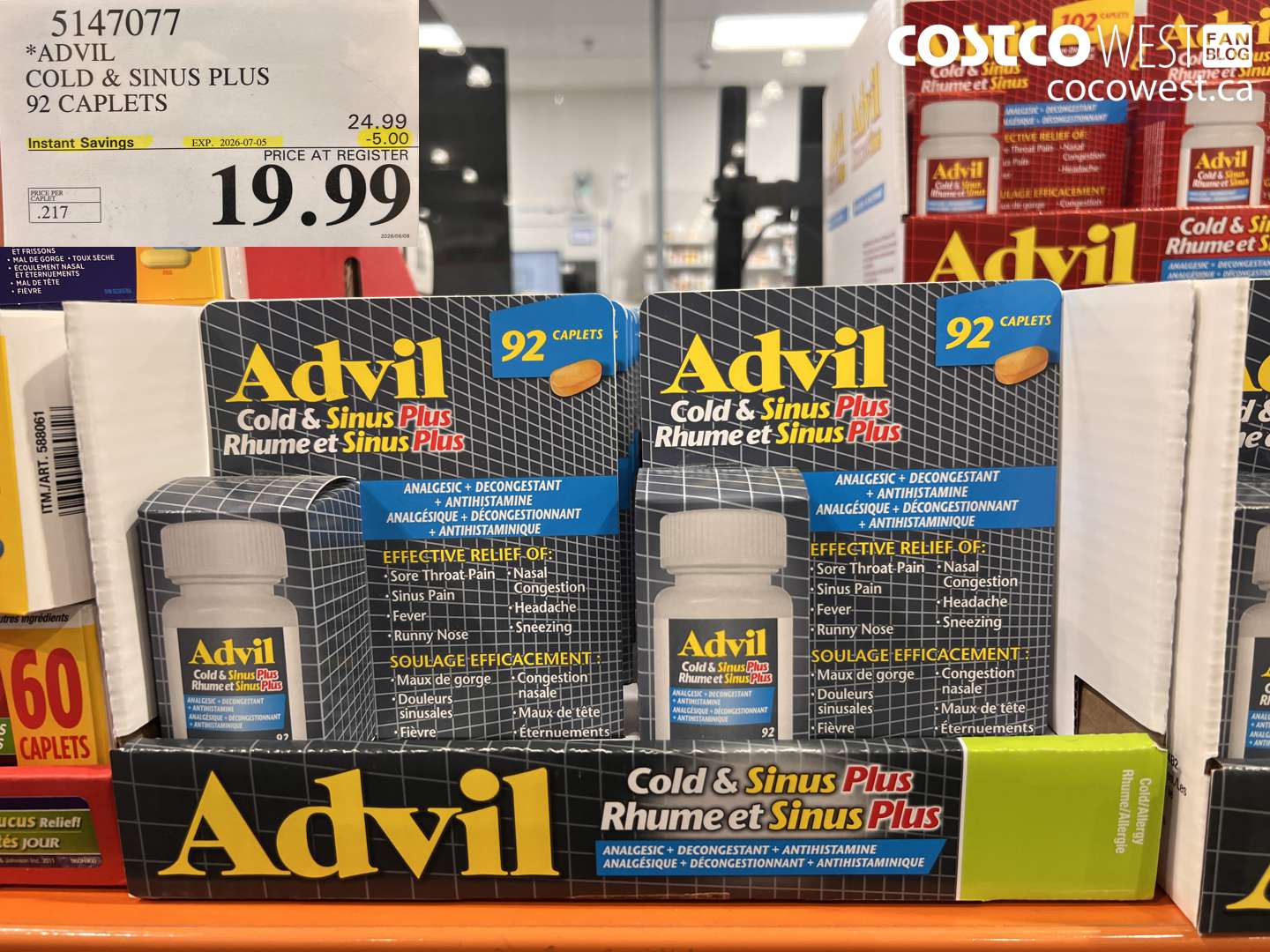 5147077 ADVIL COLD & SINUS PLUS 92 CAPLETS ($5.00 INSTANT SAVINGS EXPIRES ON 2026-07-05) $19.99