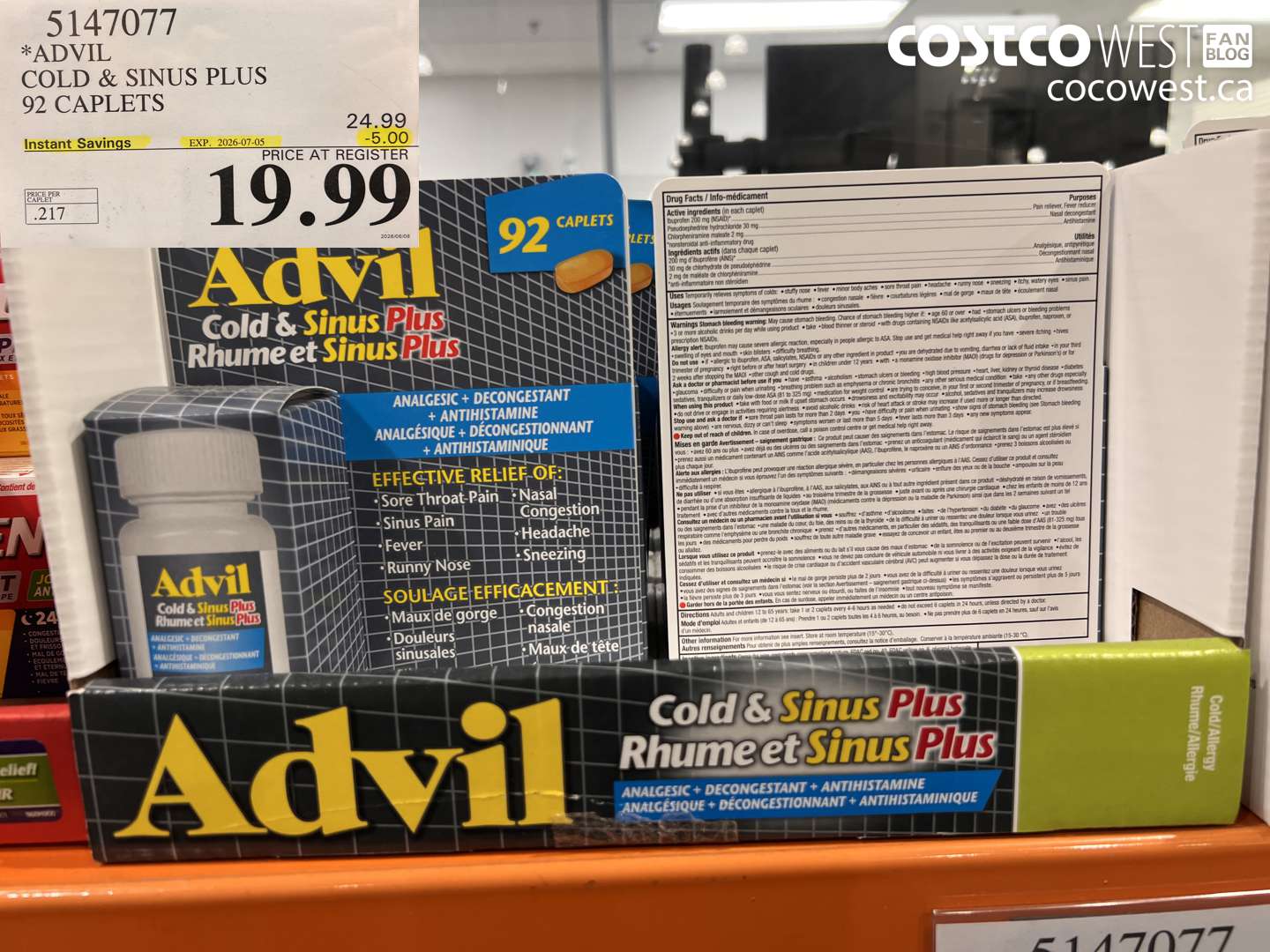 5147077 ADVIL COLD & SINUS PLUS 92 CAPLETS ($5.00 INSTANT SAVINGS EXPIRES ON 2026-07-05) $19.99