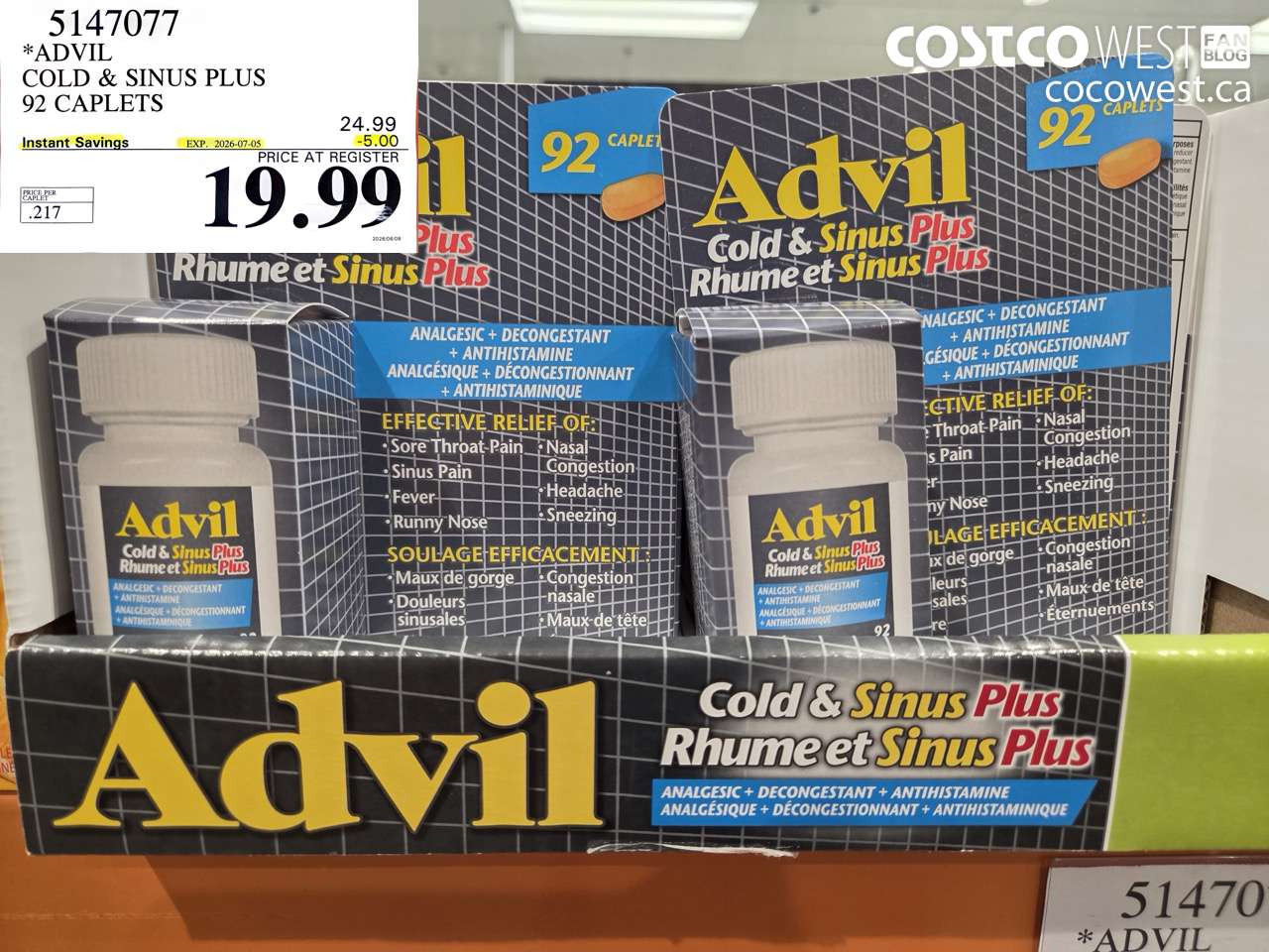 5147077 ADVIL COLD & SINUS PLUS 92 CAPLETS ($5.00 INSTANT SAVINGS EXPIRES ON 2026-07-05) $19.99