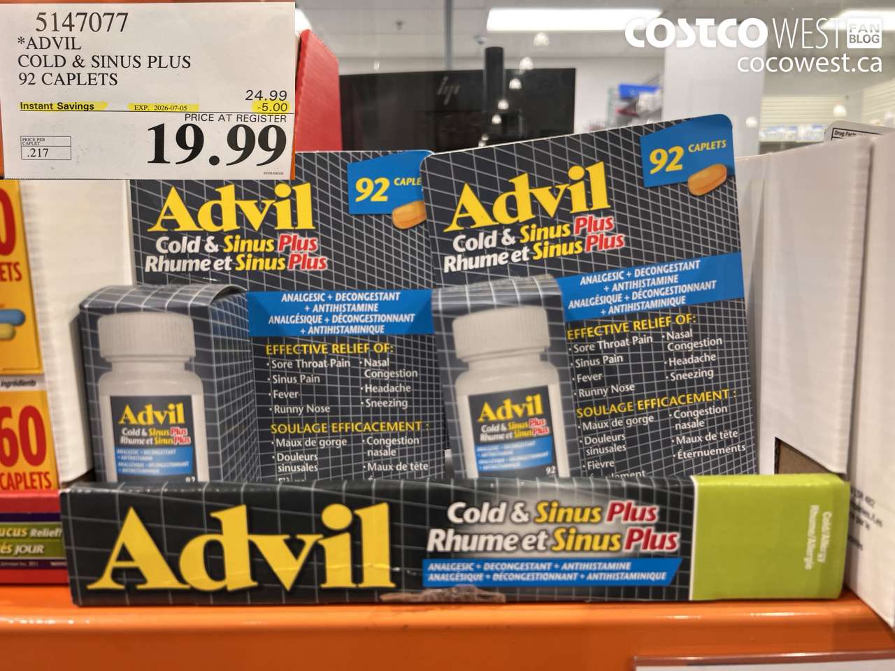 5147077 ADVIL COLD & SINUS PLUS 92 CAPLETS ($5.00 INSTANT SAVINGS EXPIRES ON 2026-07-05) $19.99