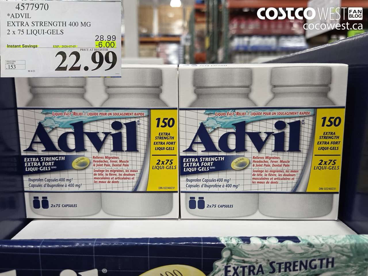 4577970 ADVIL EXTRA STRENGTH 400 MG 2 X 75 LIQUI-GELS ($6.00 INSTANT SAVINGS EXPIRES ON 2026-07-05) $22.99