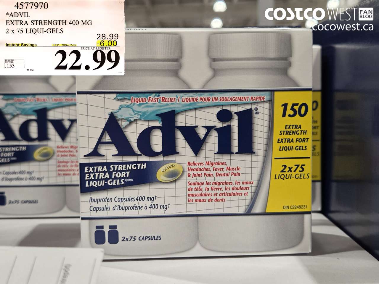 4577970 ADVIL EXTRA STRENGTH 400 MG 2 X 75 LIQUI-GELS ($6.00 INSTANT SAVINGS EXPIRES ON 2026-07-05) $22.99