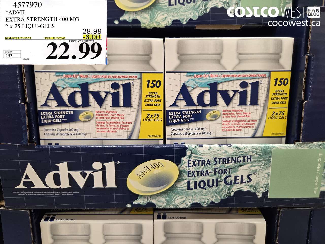 4577970 ADVIL EXTRA STRENGTH 400 MG 2 X 75 LIQUI-GELS ($6.00 INSTANT SAVINGS EXPIRES ON 2026-07-05) $22.99