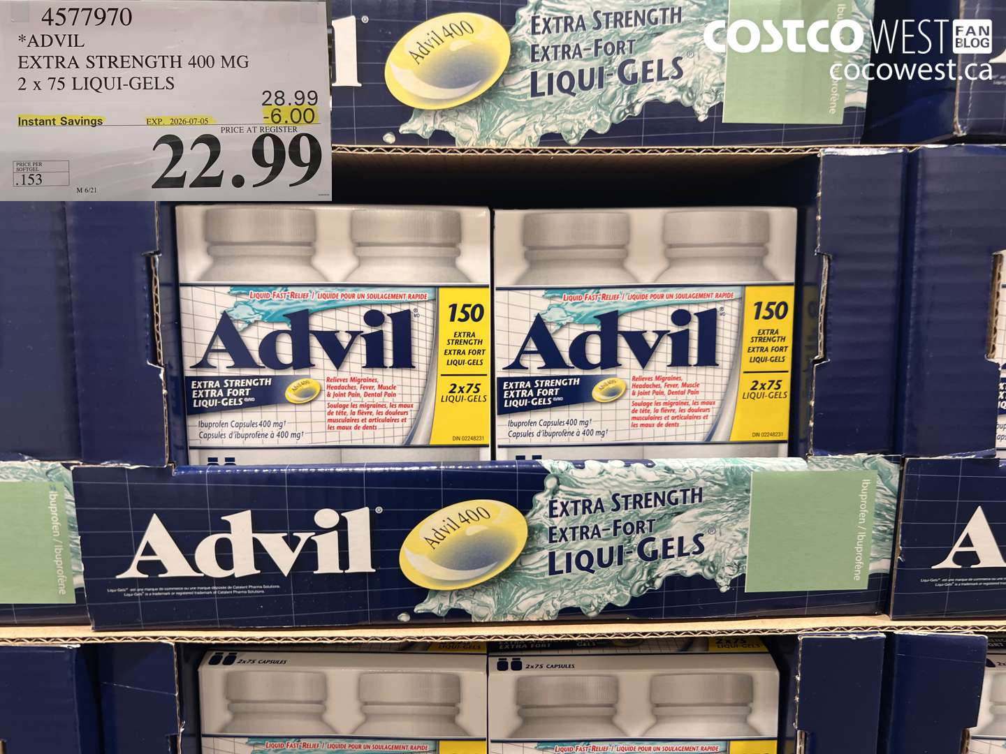4577970 ADVIL EXTRA STRENGTH 400 MG 2 X 75 LIQUI-GELS ($6.00 INSTANT SAVINGS EXPIRES ON 2026-07-05) $22.99