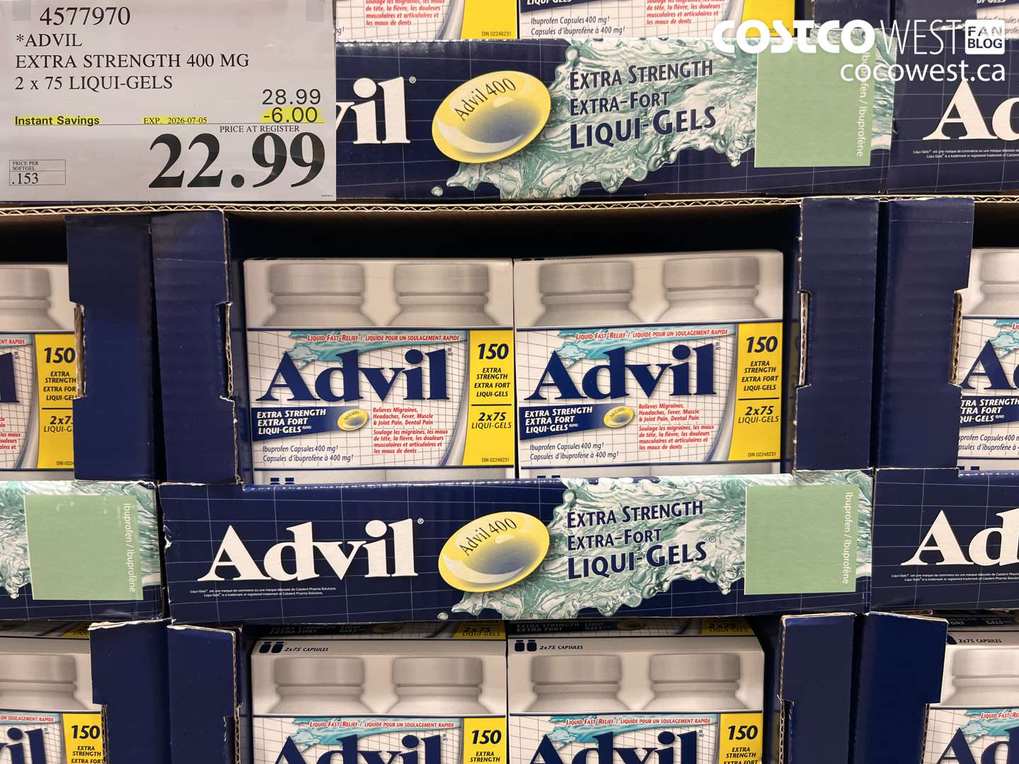 4577970 ADVIL EXTRA STRENGTH 400 MG 2 X 75 LIQUI-GELS ($6.00 INSTANT SAVINGS EXPIRES ON 2026-07-05) $22.99
