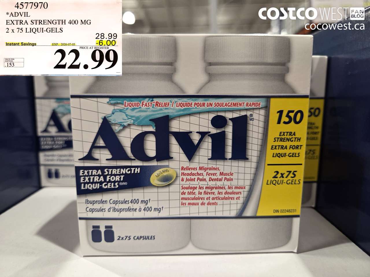 4577970 ADVIL EXTRA STRENGTH 400 MG 2 X 75 LIQUI-GELS ($6.00 INSTANT SAVINGS EXPIRES ON 2026-07-05) $22.99