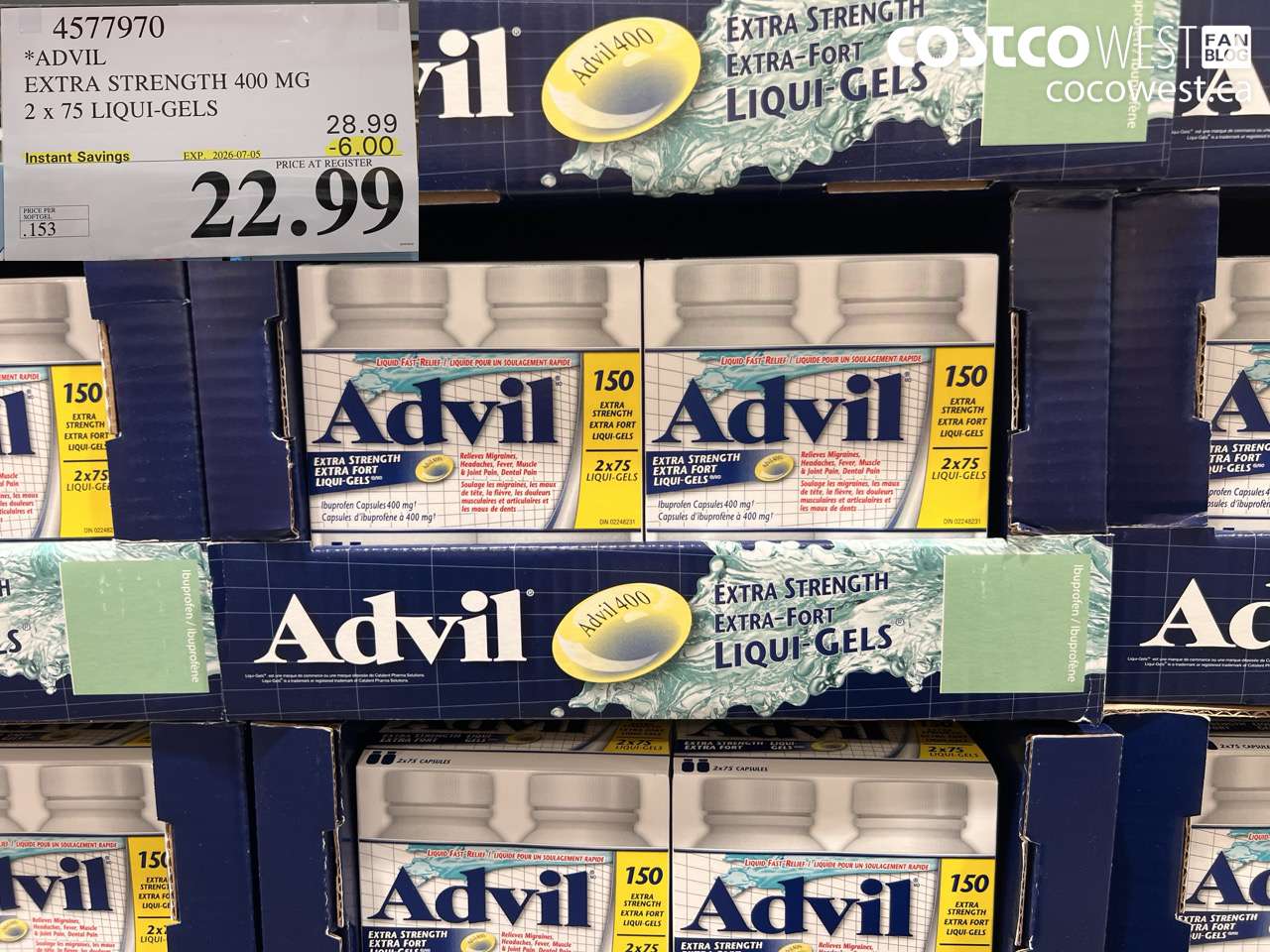 4577970 ADVIL EXTRA STRENGTH 400 MG 2 X 75 LIQUI-GELS ($6.00 INSTANT SAVINGS EXPIRES ON 2026-07-05) $22.99