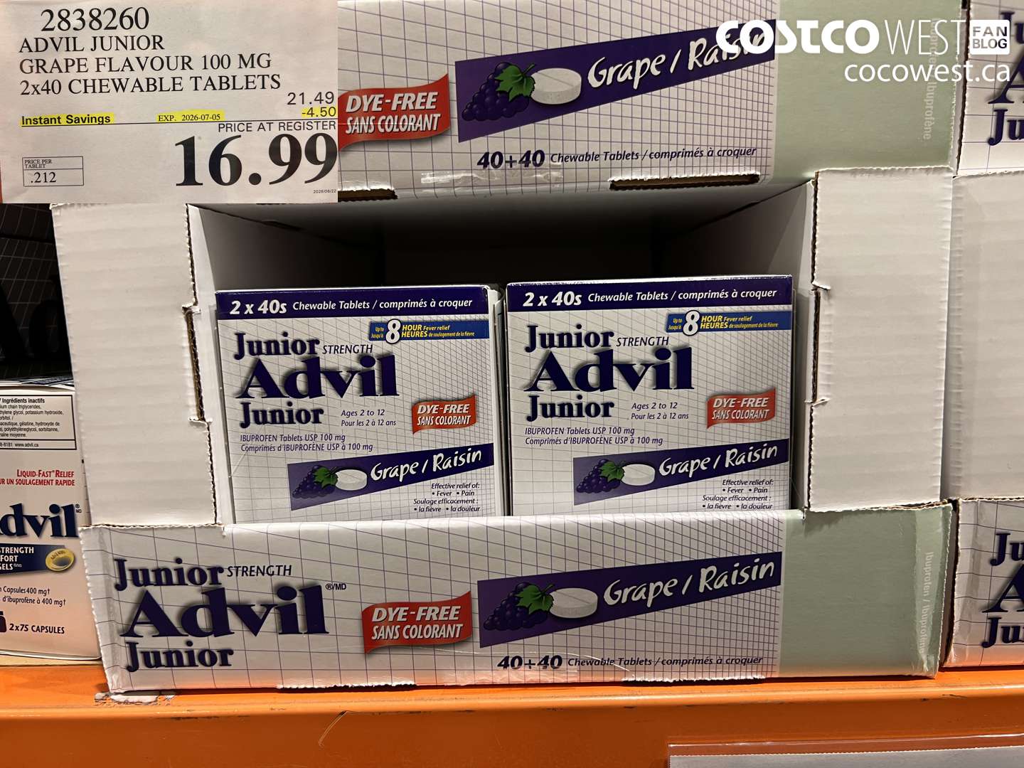 2838260 ADVIL JUNIOR GRAPE FLAVOUR 100 MG 2X40 CHEWABLE TABLETS ($4.50 INSTANT SAVINGS EXPIRES ON 2026-07-05) $16.99