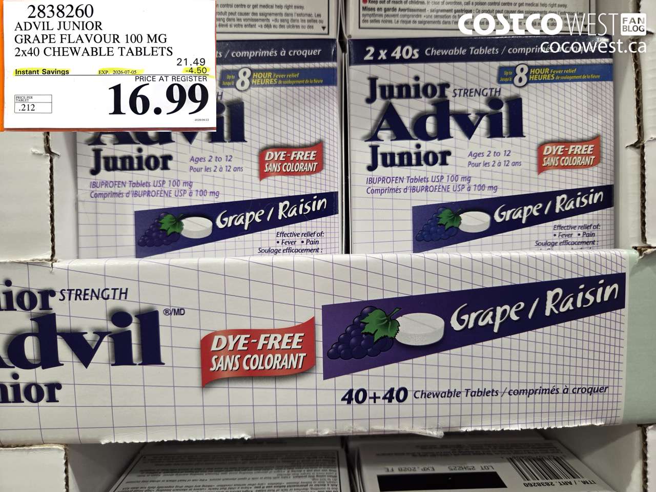 2838260 ADVIL JUNIOR GRAPE FLAVOUR 100 MG 2X40 CHEWABLE TABLETS ($4.50 INSTANT SAVINGS EXPIRES ON 2026-07-05) $16.99