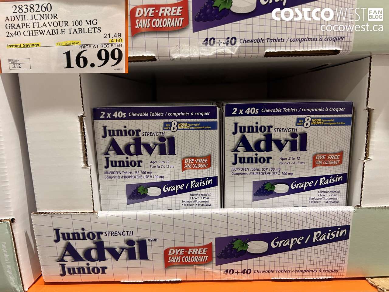 2838260 ADVIL JUNIOR GRAPE FLAVOUR 100 MG 2X40 CHEWABLE TABLETS ($4.50 INSTANT SAVINGS EXPIRES ON 2026-07-05) $16.99