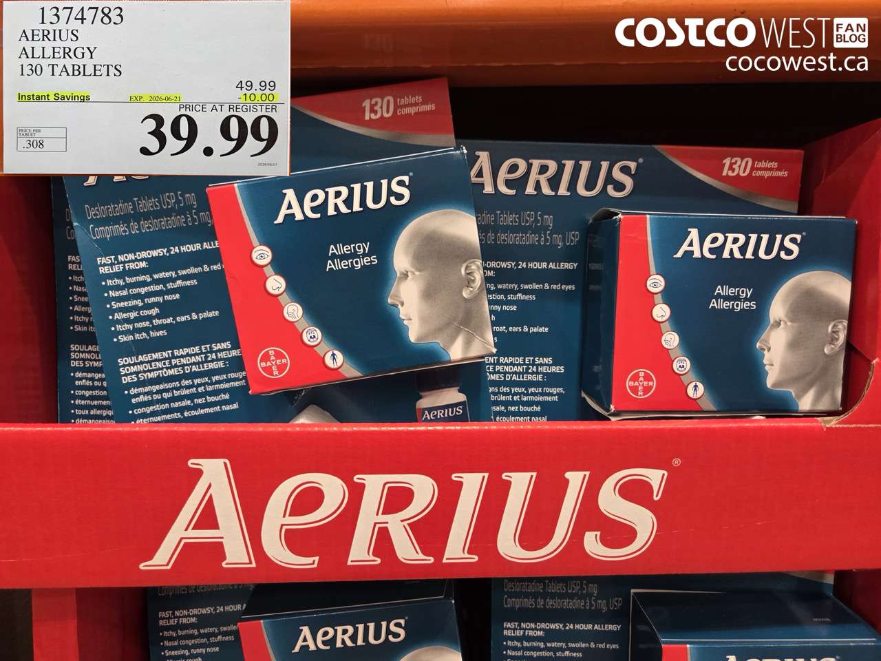 1374783 AERIUS ALLERGY 130 TABLETS ($10.00 INSTANT SAVINGS EXPIRES ON 2026-06-21) $39.99