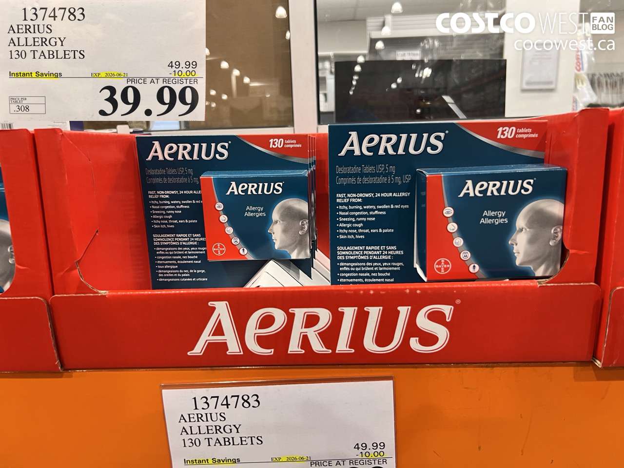 1374783 AERIUS ALLERGY 130 TABLETS ($10.00 INSTANT SAVINGS EXPIRES ON 2026-06-21) $39.99
