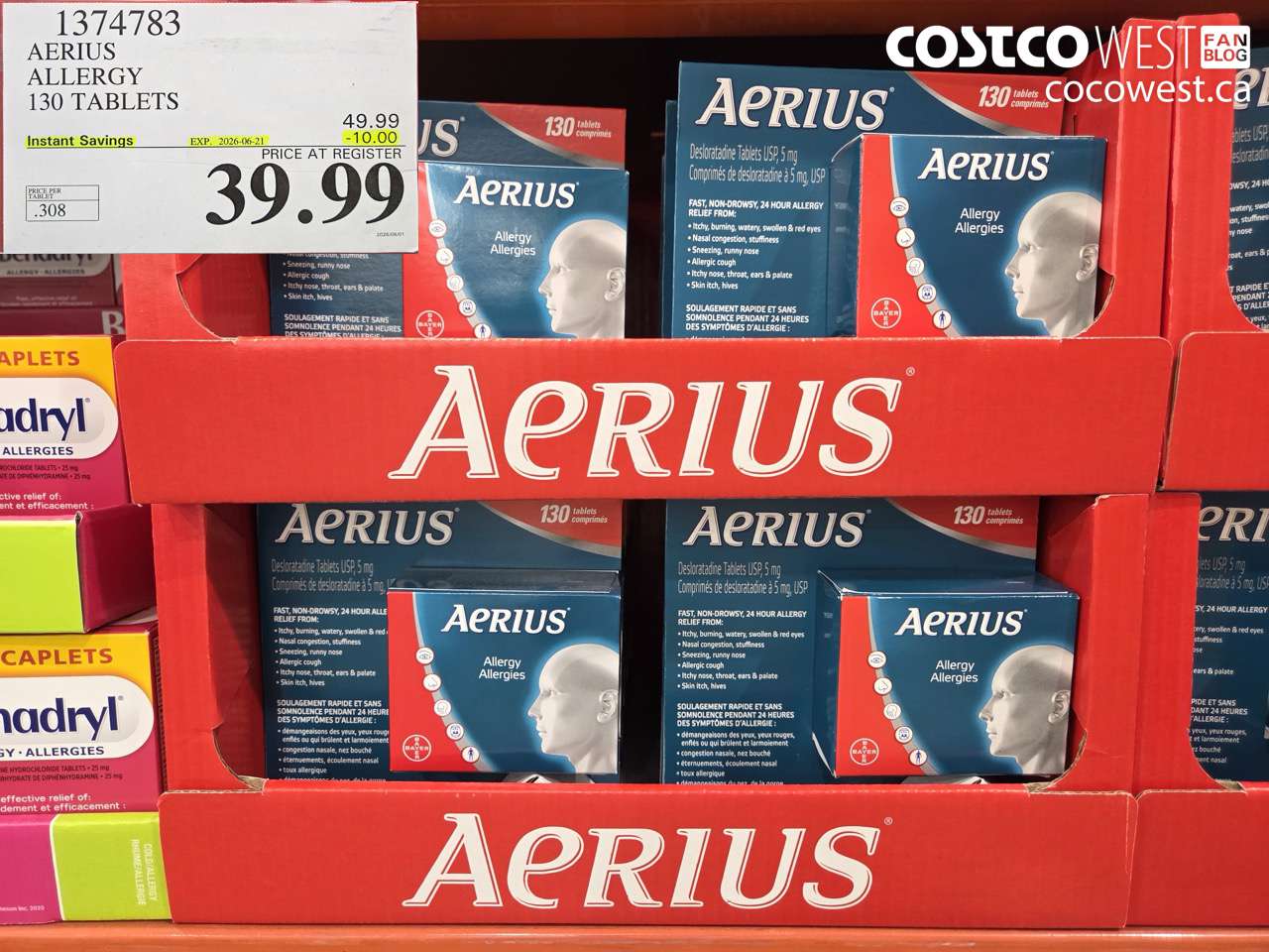 1374783 AERIUS ALLERGY 130 TABLETS ($10.00 INSTANT SAVINGS EXPIRES ON 2026-06-21) $39.99
