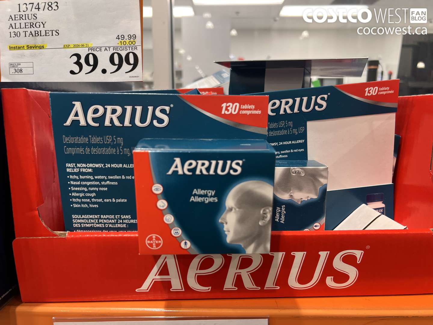 1374783 AERIUS ALLERGY 130 TABLETS ($10.00 INSTANT SAVINGS EXPIRES ON 2026-06-21) $39.99