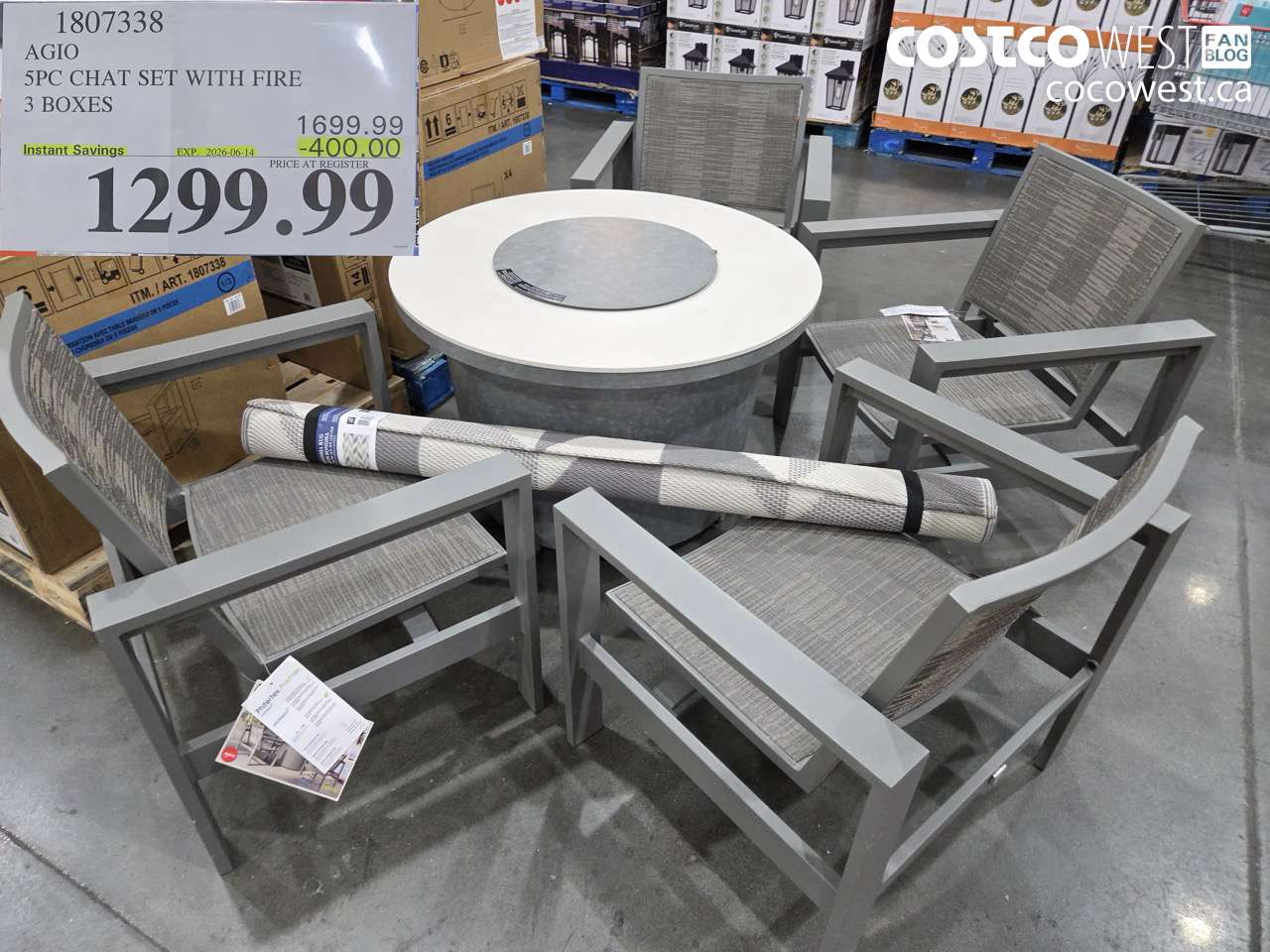 1807338 AGIO 5PC CHAT SET WITH FIRE 3 BOXES ($400.00 INSTANT SAVINGS EXPIRES ON 2026-06-14) $1299.99