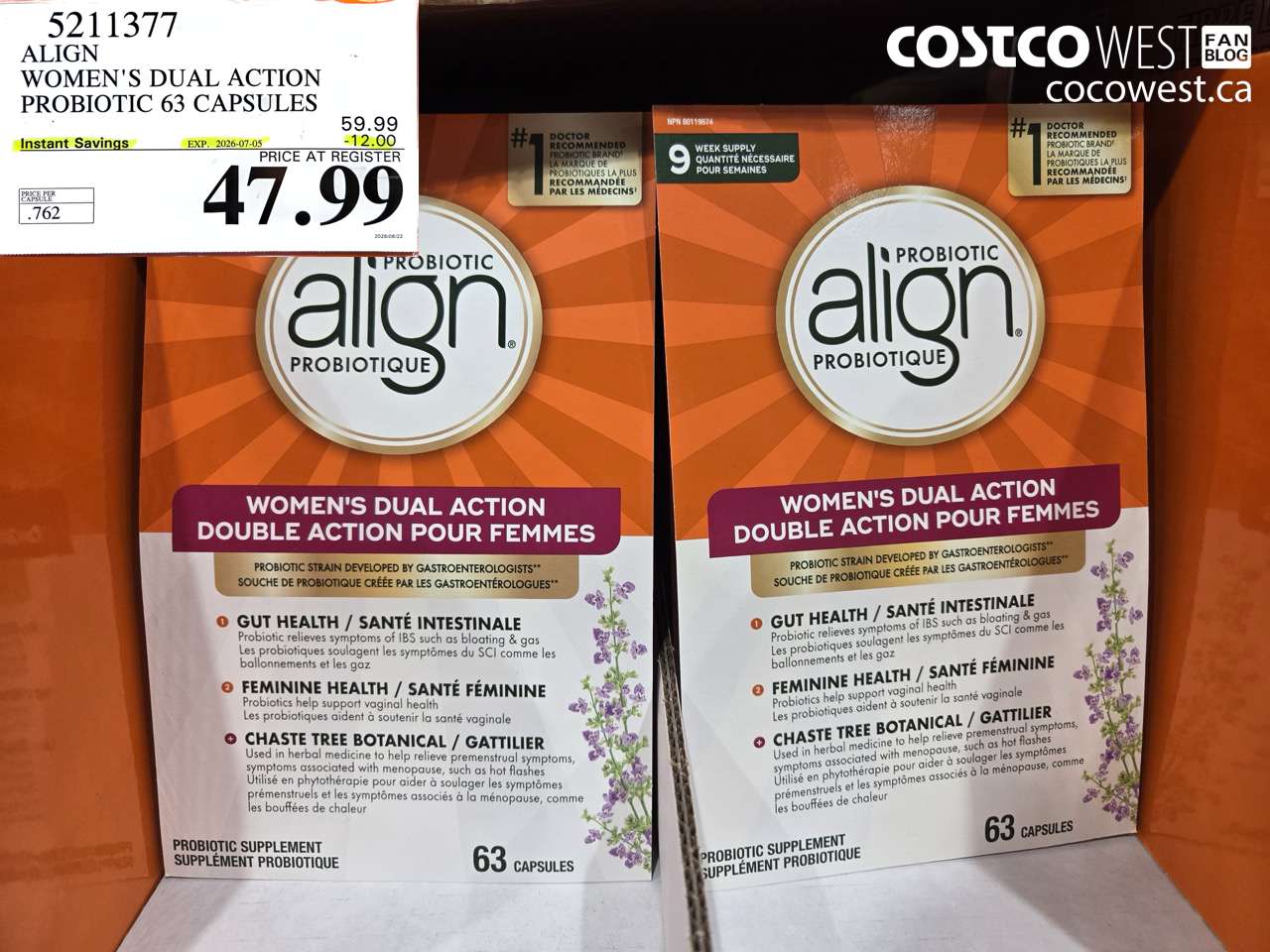 5211377 ALIGN WOMEN'S DUAL ACTION PROBIOTIC 63 CAPSULES ($12.00 INSTANT SAVINGS EXPIRES ON 2026-07-05) $47.99